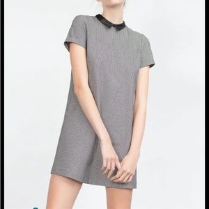 Zara women short sleeve houndstooth aline mini dress faux leather collar